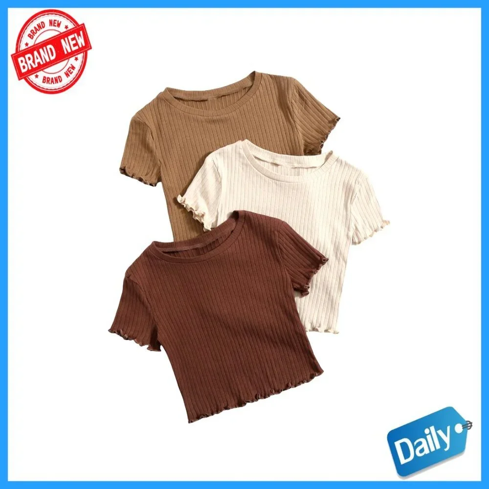 Girls' Crop Top Tee Slim Fit Cotton Rib Knit Short Sleeve Casual Wear